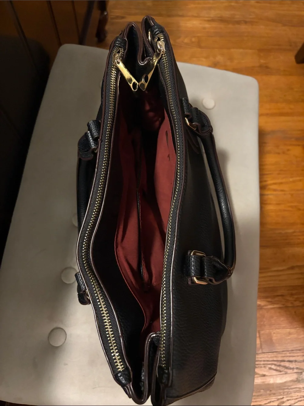 Tory Burch Black Pebbled Leather Satchel with Gold Logo
